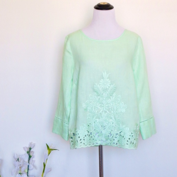 NEW! J. Crew Floral Embroidered 100% Linen Blouse Exposed Zipper Mint Green SZ 2 - Picture 2 of 8